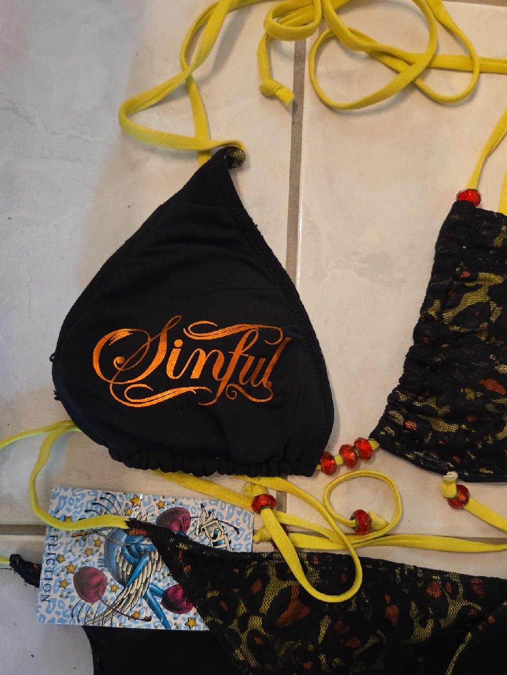 Sinful Affliction Black Lace Bikini Yellow Ties and Multicolor Accent - Picture 2 of 9